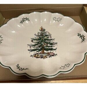 Spode Christmas Tree Oval Fluted Platter Dish Large In Box Never Used Vintage